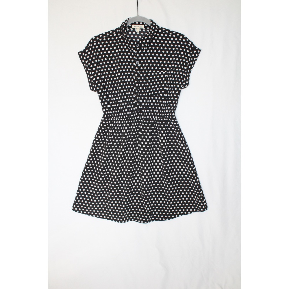 Monteau Los Angeles Womens Polka Dot Button Down Shirt Dress Black White Large